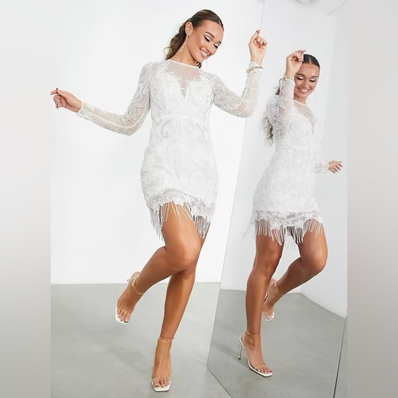 NWT ASOS Edition White Beaded Mesh Fringe Mini Dress Plus Bridal Wedding - Picture 2 of 15